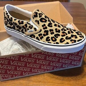 Vans Tan and Black Leopard Slip-Ons